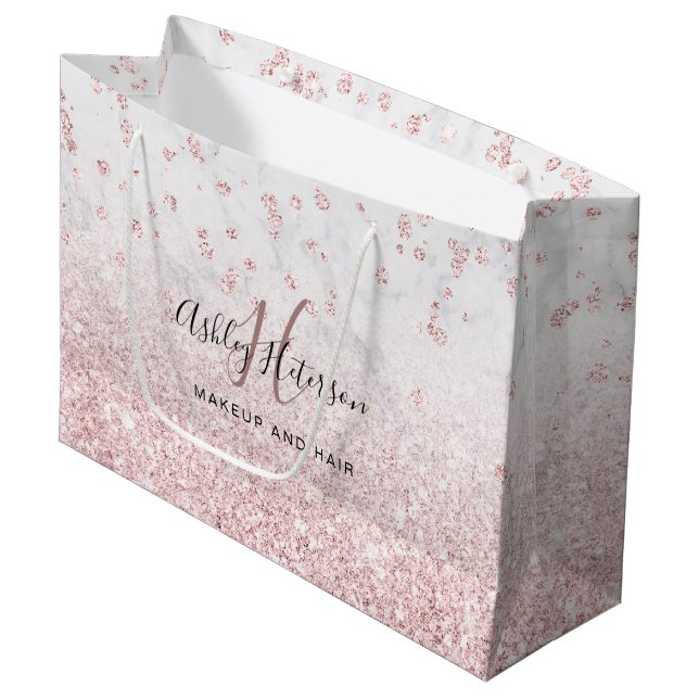 Makeup rose gold glitter marble sparkle confetti large gift bag (Front Angled)