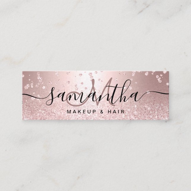 Makeup rose gold glitter metallic sparkle confetti mini business card (Front)