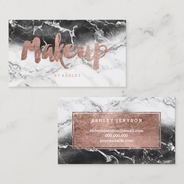 Makeup rose gold typography black white marble business card (Front/Back)