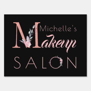 Makeup salon name chic floral glitter pink black sign
