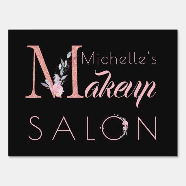 Makeup salon name chic floral glitter pink black sign (Front)