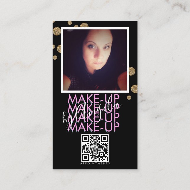 Makeup Salon QR Code Pink Black Glitter Photo Business Card (Front)