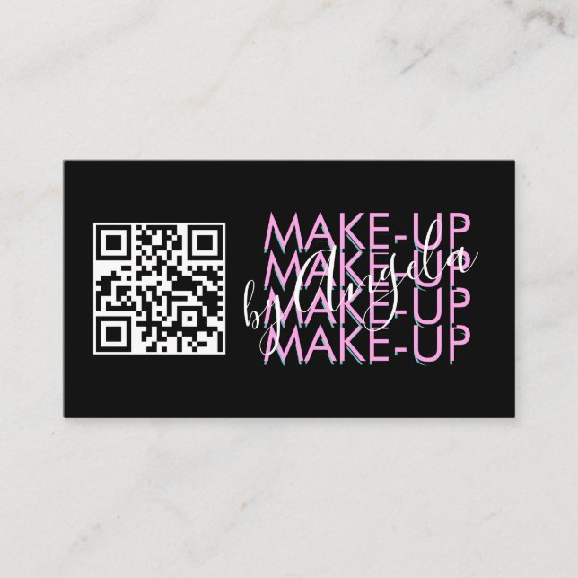 Makeup Salon QR Code Pink Black  Script  Business Card (Front)