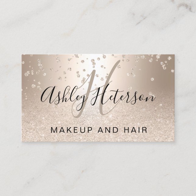 Makeup script confetti chic gold glitter metallic business card (Front)