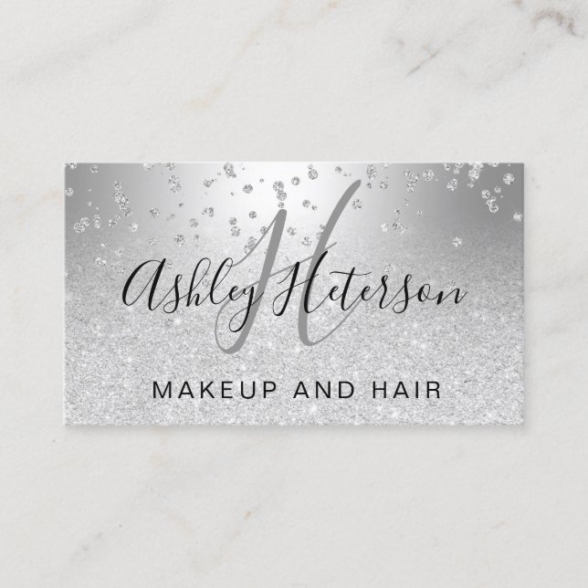 Makeup script confetti silver glitter metallic business card (Front)