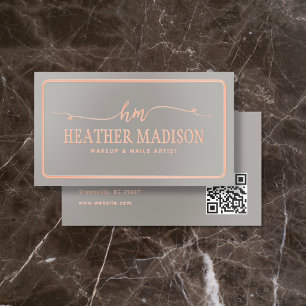 Makeup Spa Wellness Fancy Monogram QR Code Beige Foil Business Cards