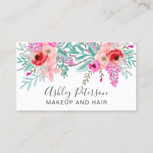 Makeup spring chic mint pink floral watercolor business card