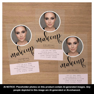 Makeup Studio Blush Pink Black Script Photo Clear Business Cards