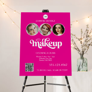 Makeup Studio QR Code Photo Collage Hot Pink Sign