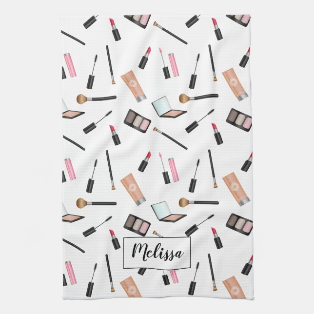 Makeup Stuff Illustrated Pattern Personalized Name Towel (Vertical)