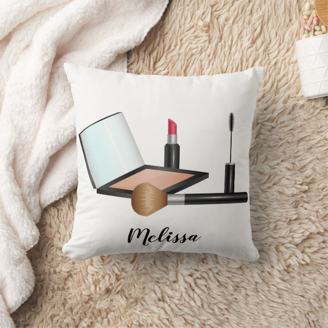 Makeup Stuff Illustration With Personalized Name Throw Pillow (Blanket)