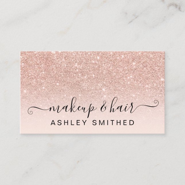 Makeup typography blush rose gold glitter ombre business card (Front)