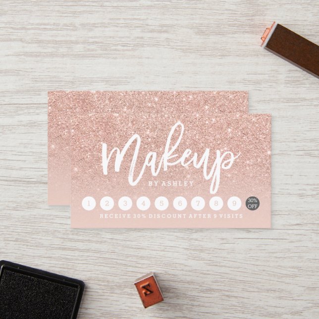 Makeup typography blush rose gold punch card 10 (Front/Back In Situ)