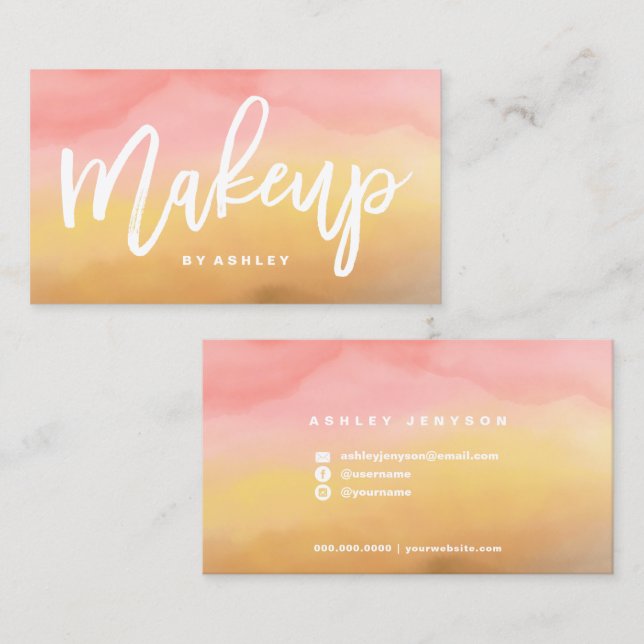 Makeup typography boho ombre watercolor business card (Front/Back)