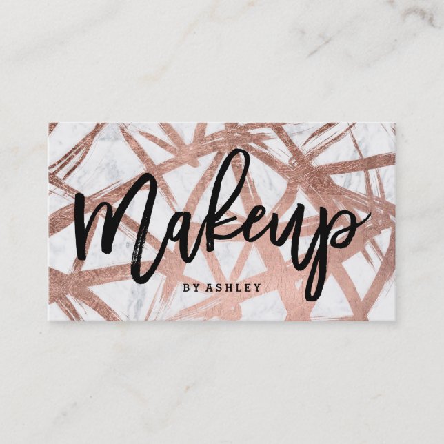 Makeup typography chic rose gold brush marble business card (Front)