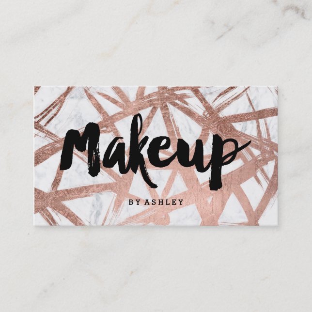 Makeup typography faux rose gold brush marble business card (Front)