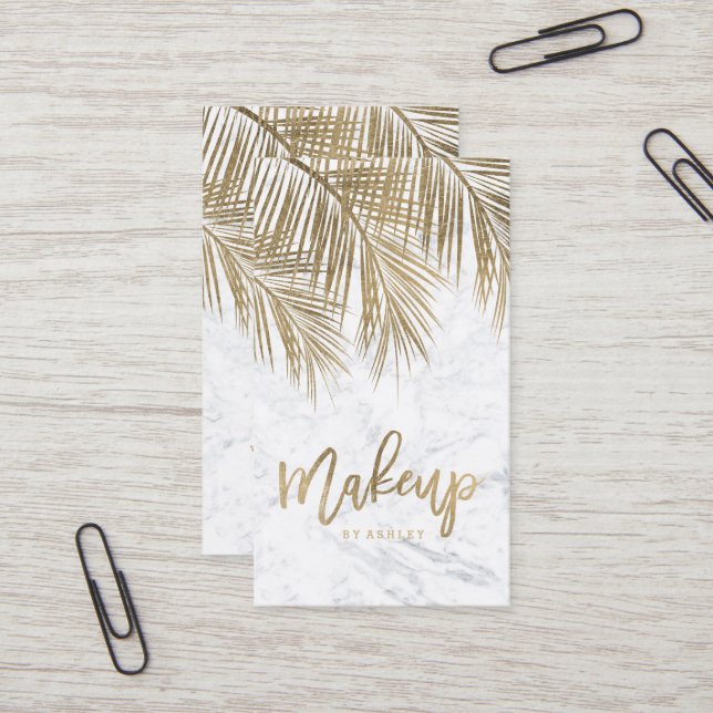 Makeup typography gold palm tree leaf marble business card (Front/Back In Situ)