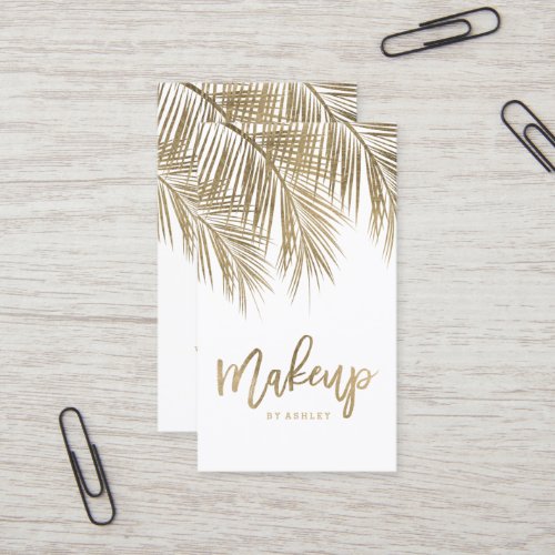Makeup typography gold palm tree leaf white business card