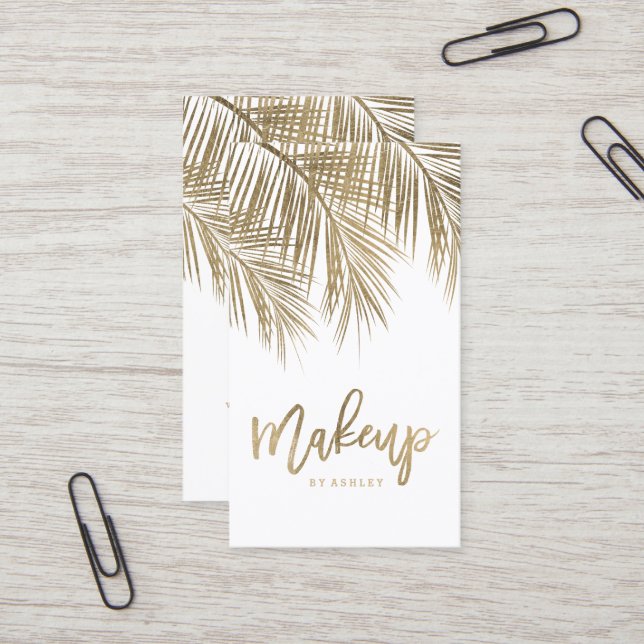 Makeup typography gold palm tree leaf white business card (Front/Back In Situ)