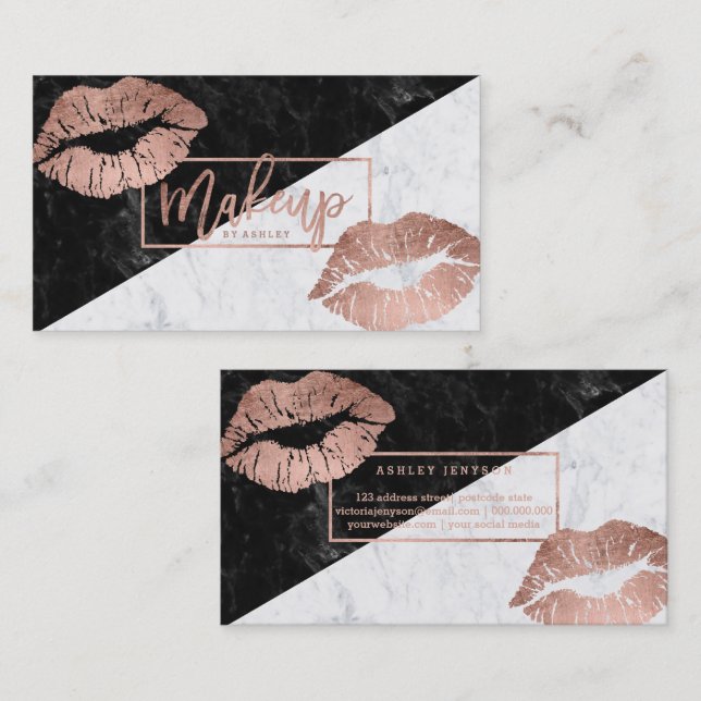 Makeup typography lips faux rose gold marble business card (Front/Back)