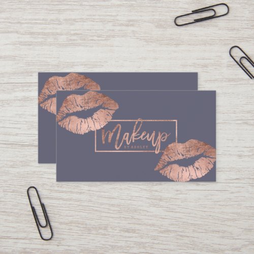 Makeup typography lips faux rose gold purple grey business card