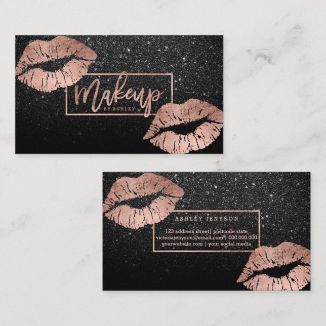 Makeup typography lips rose gold black glitter business card (Front/Back)