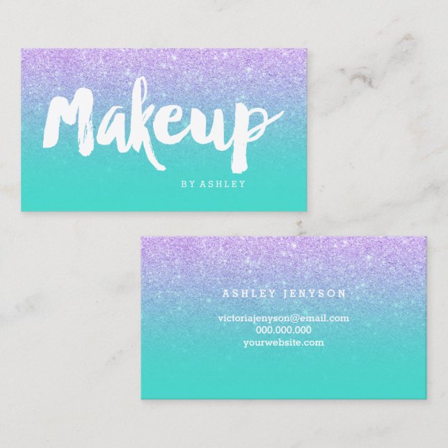 Makeup typography mermaid lavender turquoise business card (Front/Back)