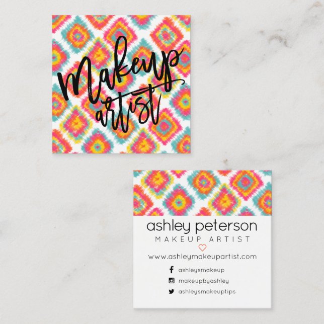 Makeup typography pink yellow boho ikat square business card (Front/Back)