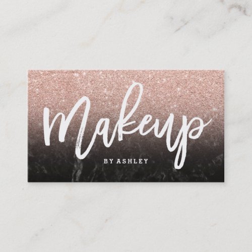 Makeup typography rose gold glitter black marble business card