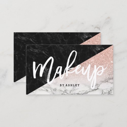 Makeup typography rose gold glitter block marble business card