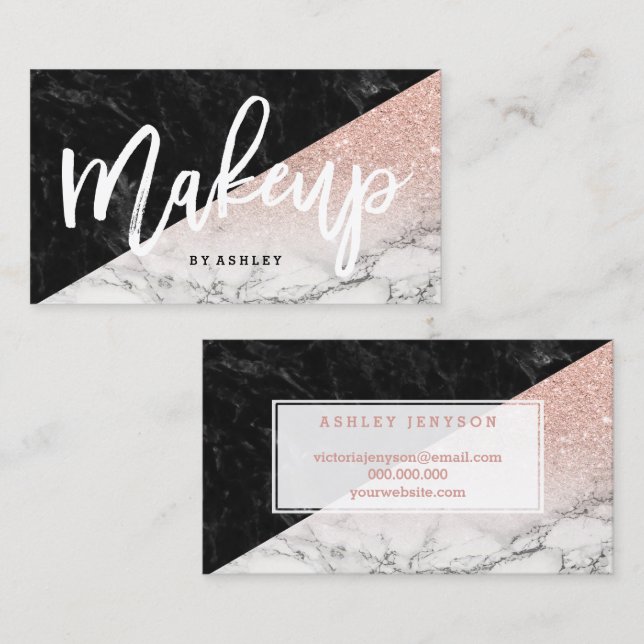 Makeup typography rose gold glitter block marble business card (Front/Back)