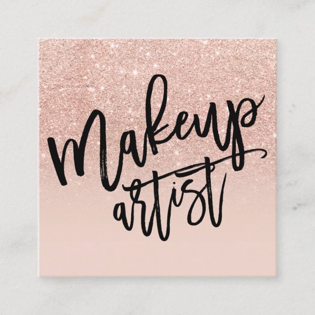 Makeup typography rose gold glitter blush pink square business card (Front)