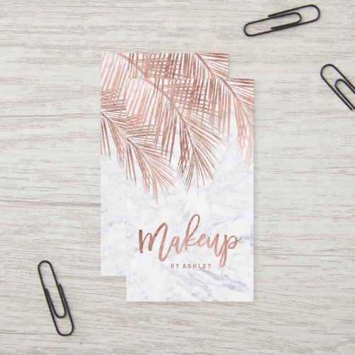 Makeup typography rose gold palm tree leaf marble business card