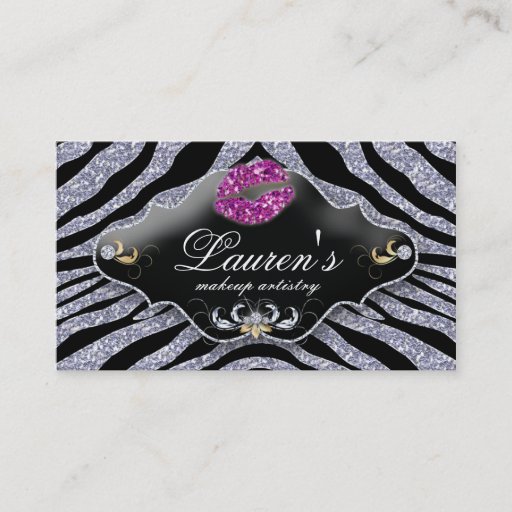 Customizable Makeup Zebra Business Card Sparkle Pink Black