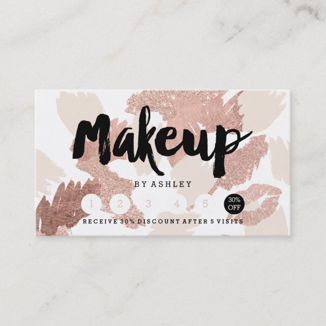Makeuplips rose gold script brushstrokes loyalty business card (Front)