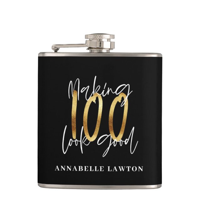 Making 100 look good gold birthday invitation flask (Front)