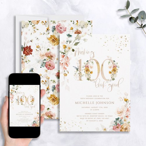 Making 100 Look Good Pink Gold Botanical Birthday Invitation