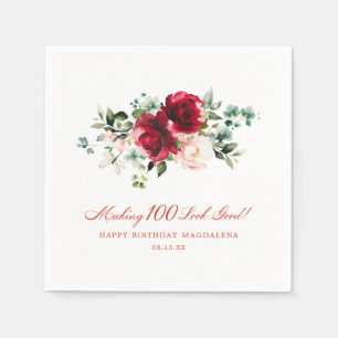 Making 100 Look Good Red Pink Floral Custom Napkins