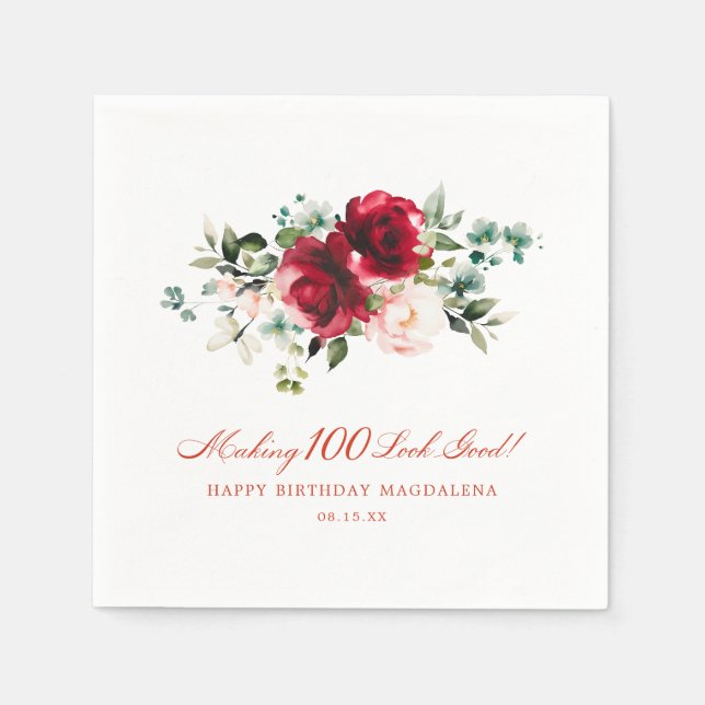 Making 100 Look Good Red Pink Floral Custom Napkins (Front)