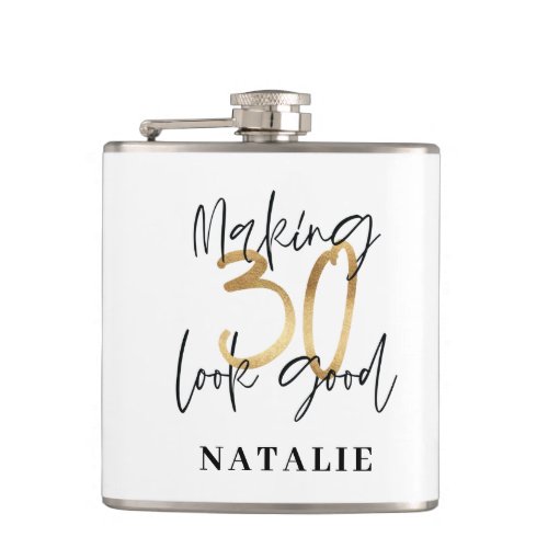 Making 30 look good gold birthday party flask