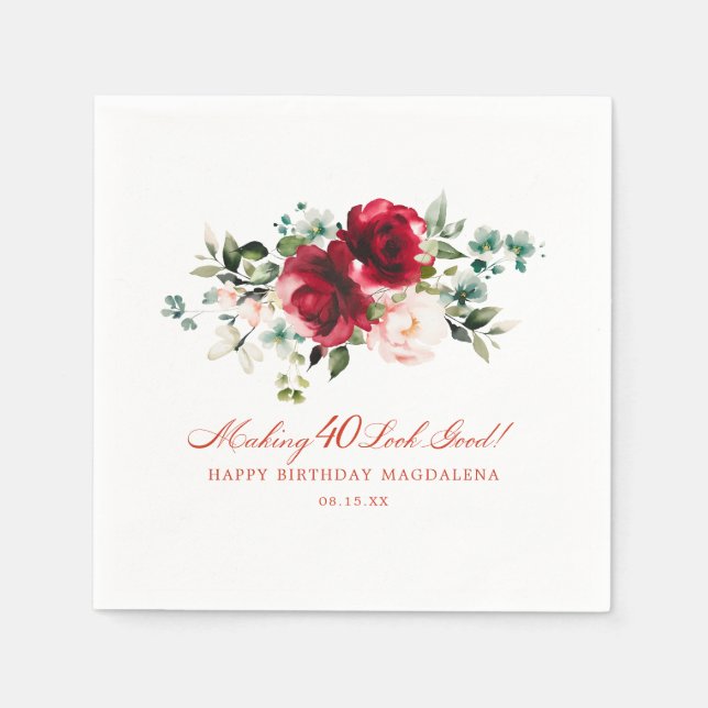 Making 40 Look Good Red Pink Floral Custom Napkins (Front)