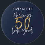Making 50 look good blue gold birthday button<br><div class="desc">Making 50 look good age birthday typographic personalized birthday gift. Life begins at fifty, show how happy you are to be in your fifties with this design, ideal for a birthday party or celebration weekend away. Make it a party to remember with the awesome outfit or a ideal gift for...</div>