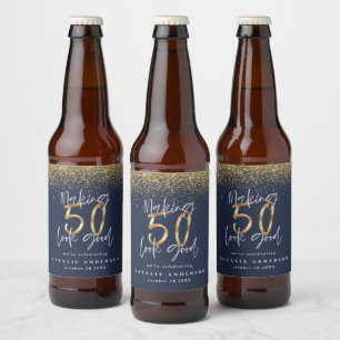 Making 50 look good blue gold birthday party beer beer bottle label