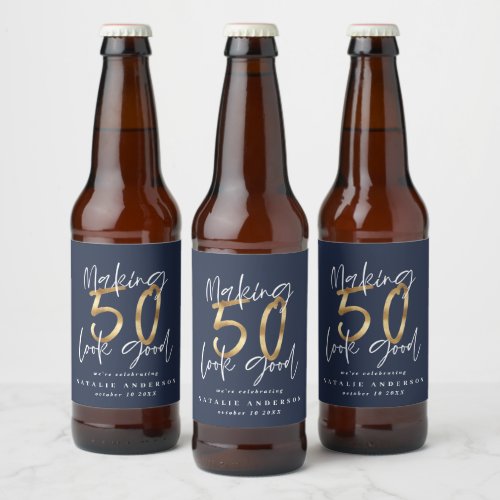 Making 50 look good blue gold birthday party beer bottle label