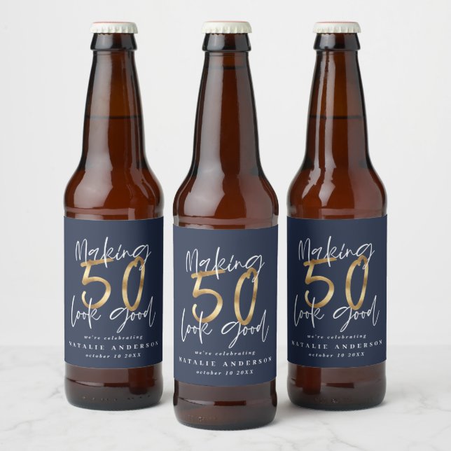 Making 50 look good blue gold birthday party beer bottle label (Bottles)