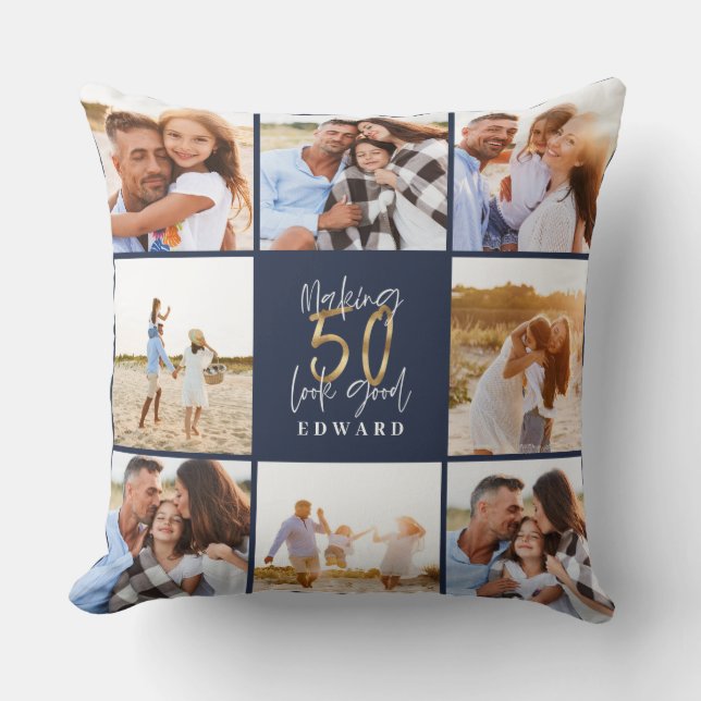 Making 50 look good blue gold photo birthday throw pillow (Front)