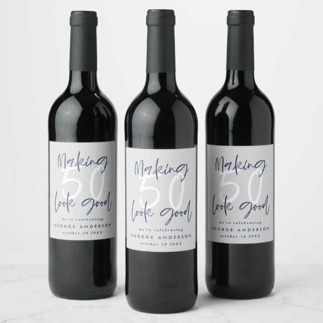 Making 50 look good blue gray birthday celebration wine label (Bottles)