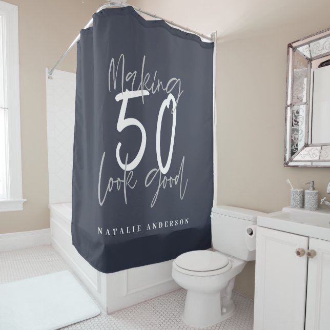 Making 50 look good chic modern birthday shower curtain (In Situ)