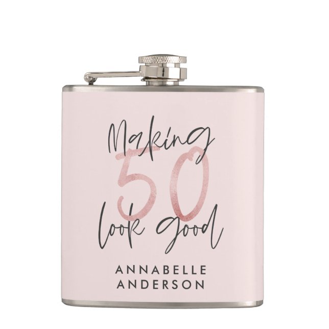Making 50 look good girly pink glitter birthday flask (Front)