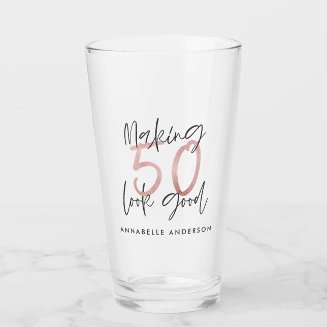 Making 50 look good girly pink glitter birthday glass (Front)
